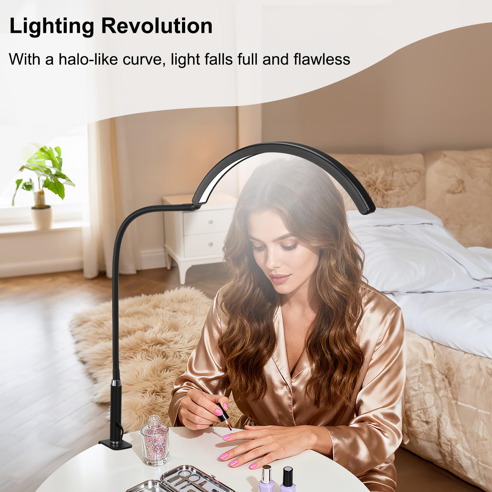 Lampe de bureau LED professionnelle demi-lune pour techniciens et artistes des ongles – Lampe flexible col de cygne avec pince, 3 modes de couleur et 5 niveaux de luminosité pour manucure