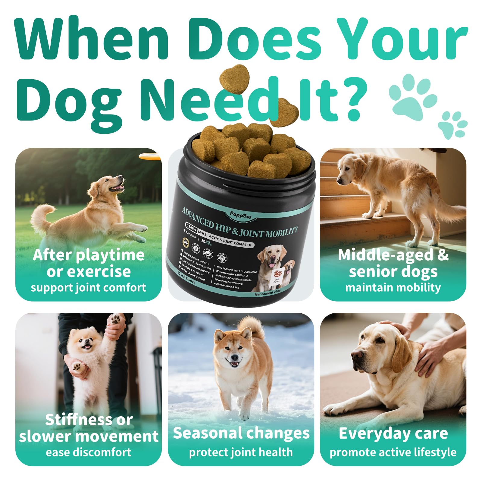 Advanced Dog Joint Supplement – 15-in-1 Glucosamine for Dogs with Chondroitin, MSM & Green Lipped Mussel – Hip & Joint Pain Relief Mobility Chews, Beef Flavor, 90Ct Breeds - image 6