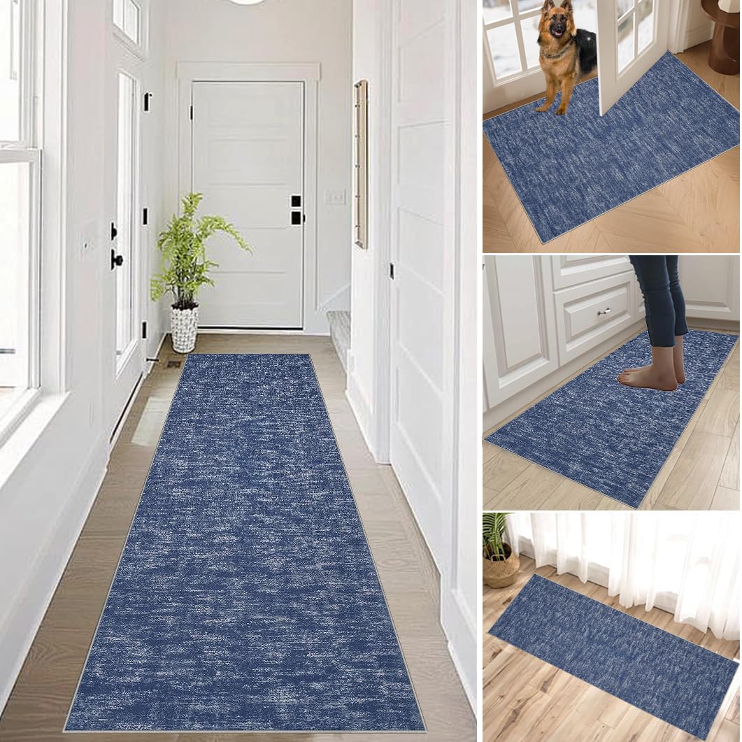 Hallway Runner Washable Non Slip Rugs Long Area Rug Bedroom Kitchen Carpet 110 x 450 cm Blue Narrow Rugs Runner for Hallway Door Mat Low Pile Carpet Runner for Hallway Entryway Kitchen Laundry Room