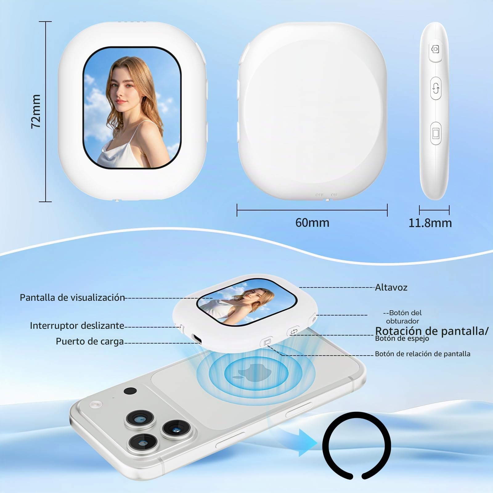 Selfie Pantalla para Teléfono, Pantalla Magnetica Selfie Compatible con iPhone & Android, Sin demora Monitor para Vlog, TikTok, LiveStream, Teleprompter para Movil
