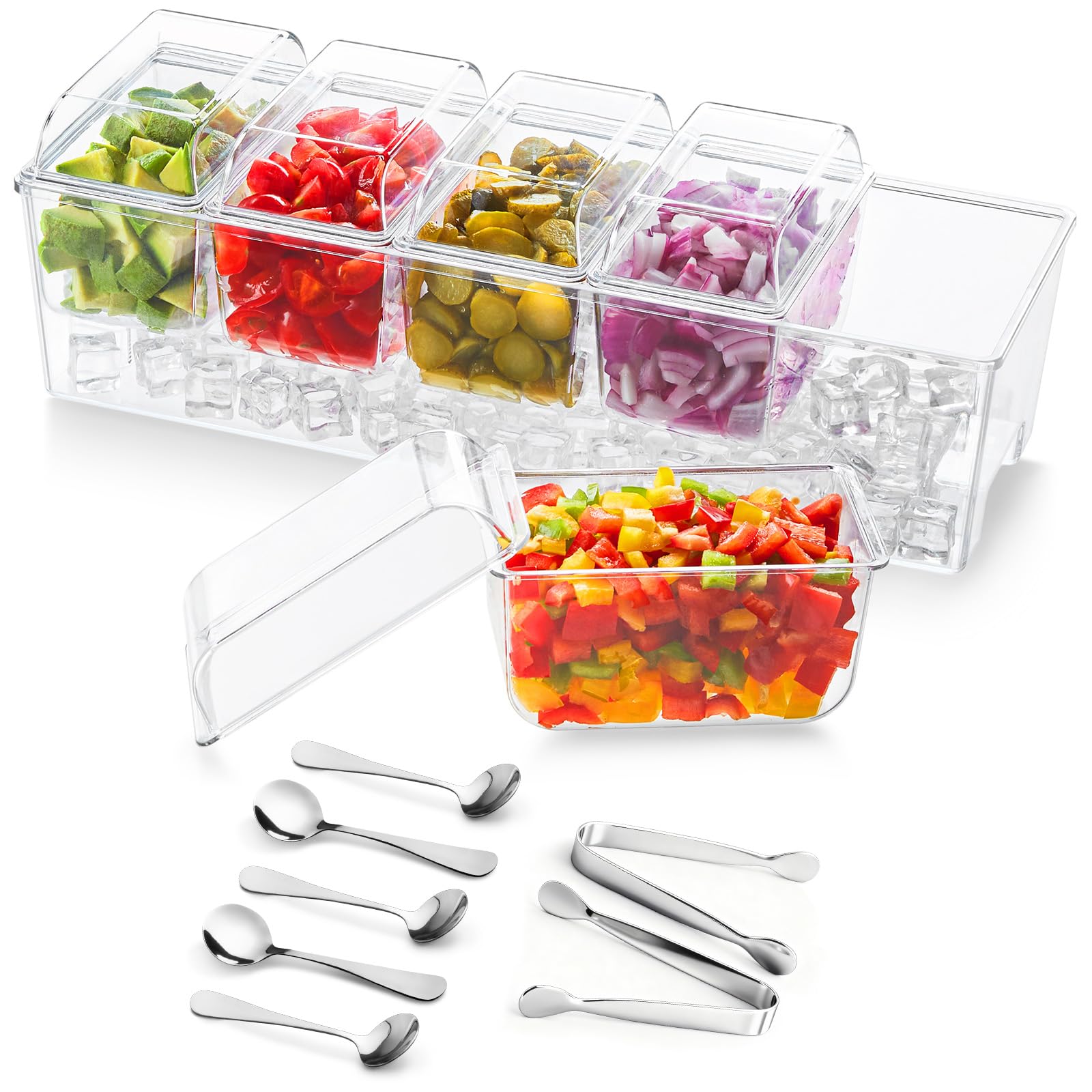 Photo 1 of Lifewit Chilled Condiment Caddy with 5 x 20 oz Containers, Compact 15" Garnish Tray with Lids for Bartenders, Taco Bar Party Serving Set & Dirty Soda Bar Supplies, Ideal for Fruit, Salad, Toppings