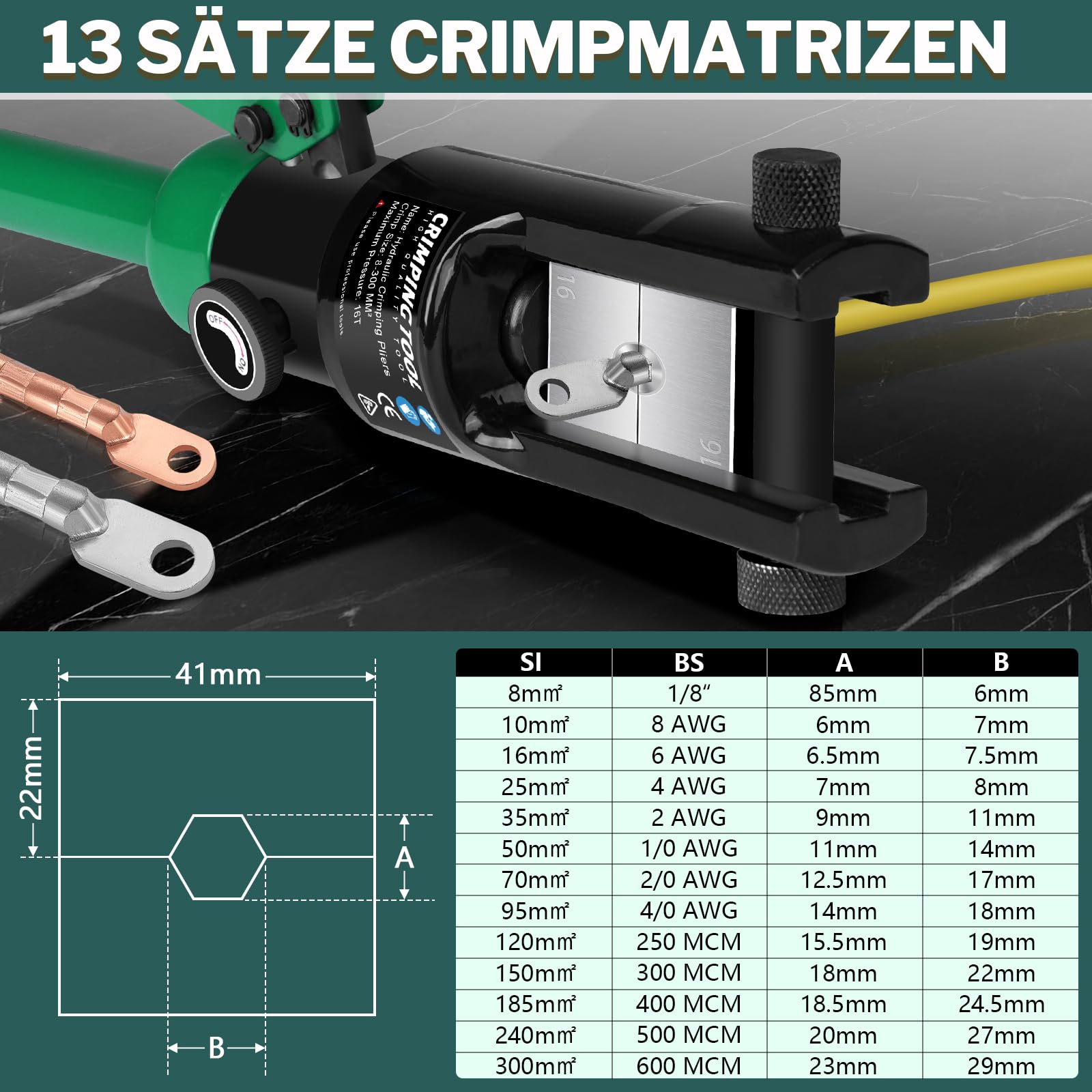 Pinza crimpatrice idraulica a 16 tons con crimpatrice, capicorda idraulica con 13 set (pinza crimpatrice 8-300 mm²) di crimpatrici per capicorda in rame, alluminio, funzionamento cavi (verde)
