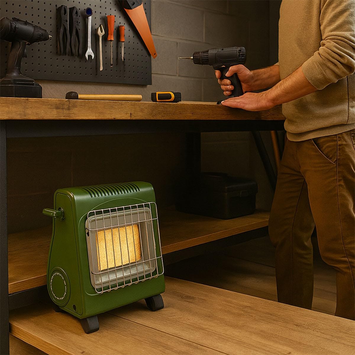Alpen Camping - Calefacción de gas de 1700 W + 8 cartuchos de gas Butano - Calefacción auxiliar exterior verde con seguridad termopar ODS