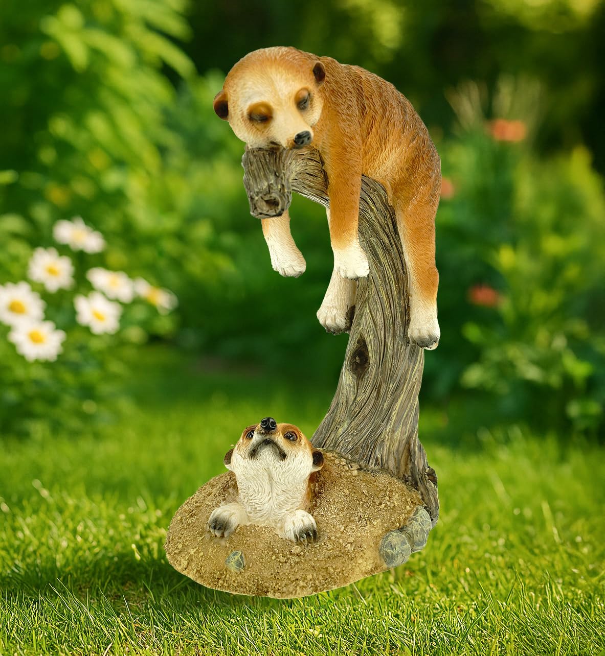 Kremers Schatzkiste Erdmännchen Mama + Kind auf AST Gartenfigur Polyresin 24 cm gartenfigur-en groß Gross Figur-en skulptur-en für den Tier-Figur-en deko-Ration Mama mit Kind Familie wetterfest