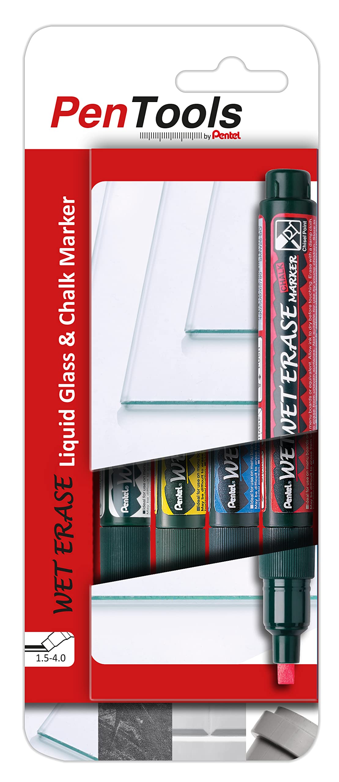 Pentel Pentools Liquid Glass & Chalk Markers, Chisel Tip, SMW26-PRO4MX1EU (4Pk)