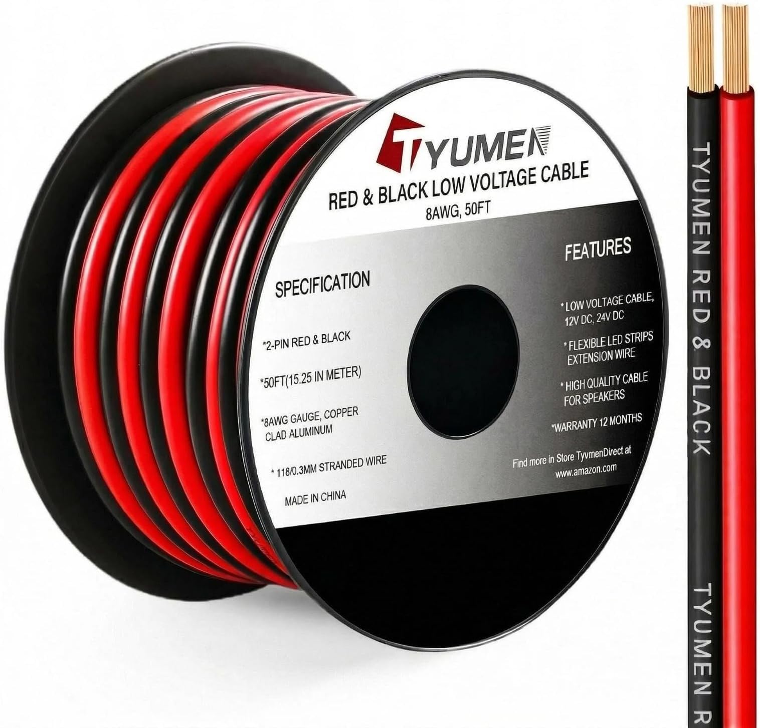 TYUMEN 8 Gauge Wire 50FT, 8AWG Red Black Electrical Wire LED Strips Extension Cord 12V/24V DC Cable, 8 AWG 2 Conductors Flexible Low Voltage Wire for in-Home, Autos, Speaker use