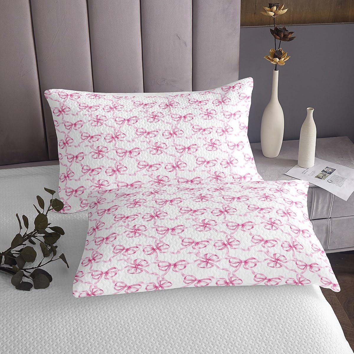 jejeloiu Coquette Bows Quilted Coverlet King Size Pink Bows Bedspread for Boys Girls Children Watercolor Bow Coverlet Set Room Decor Cute Bowknot Quilted 3Pcs
