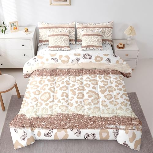 Feelyou Cute Beige Leopard Comforter Set with Sheets 7 Piece Queen Size Animal P