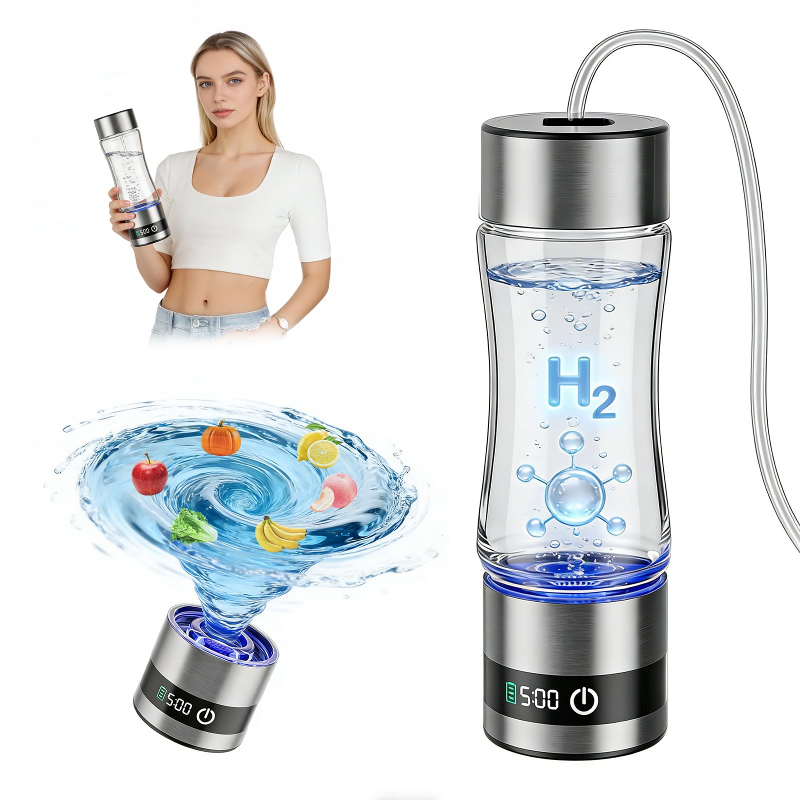 Bouteille d'eau hydrogénée avec affichage numérique, 460 ml Bouteille d'eau hydrogénée portable en verre avec technologie 5200 PPB & SPE, eau riche en hydrogène en 5 minutes (5200 PPB - 460 ml)