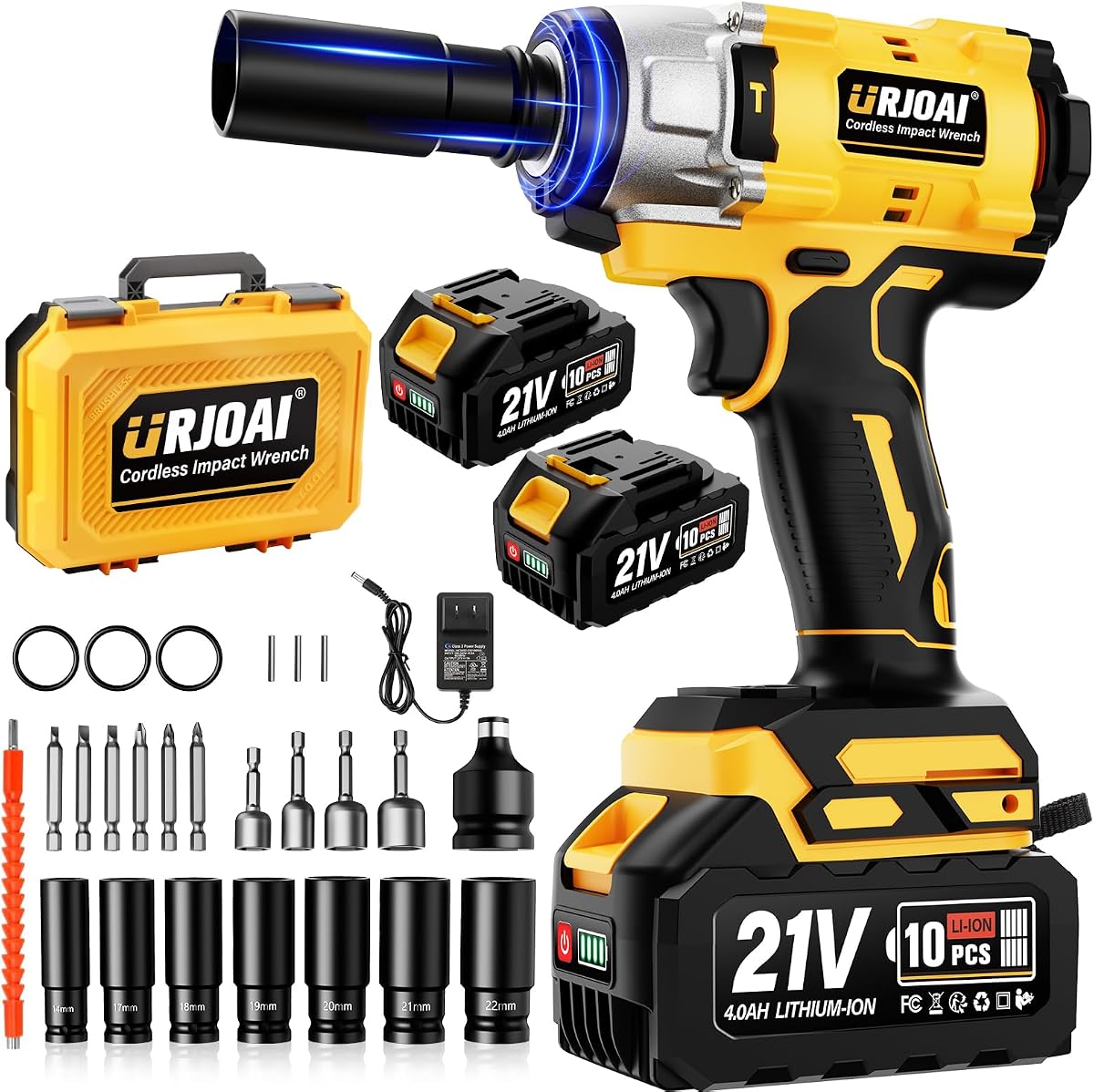Llave de impacto inalámbrica: 590 pies-libras (800 N.m) sin escobillas de 1/2 pulgada, pistola de impacto de alto par de 3300 RPM, 2 baterías de 4,0 Ah, cargador y 7 enchufes, llave de impacto eléctrica para el hogar del automóvil
