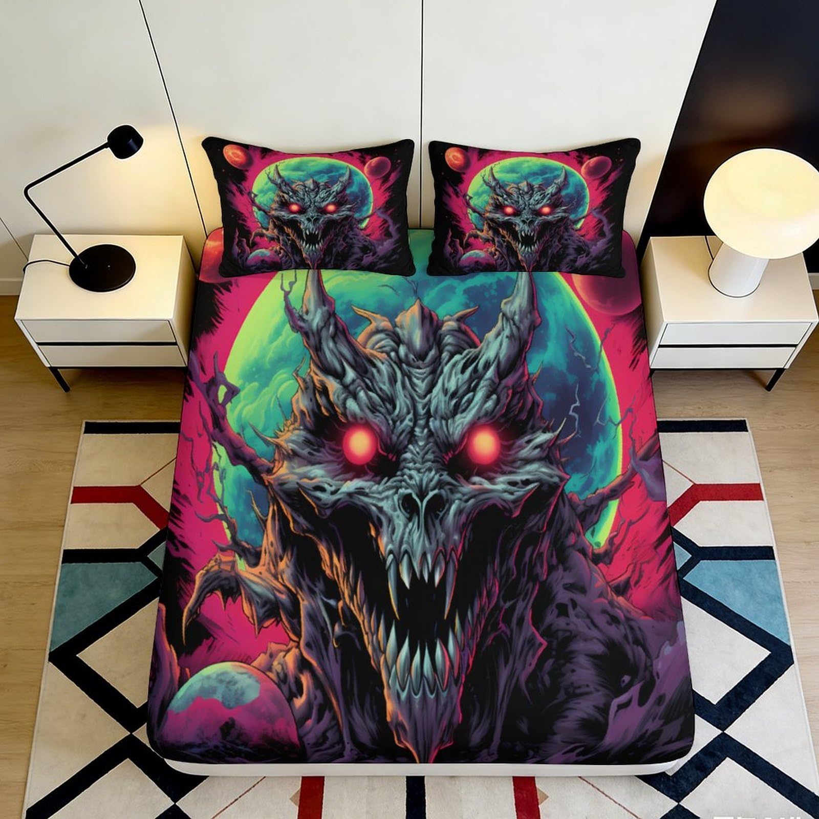 3D Printed Demon Skull Fitted Sheet Microfiber Gothic Art Bed Cover Bedroom Decor Dustproof Easy Care 90x200x25cm