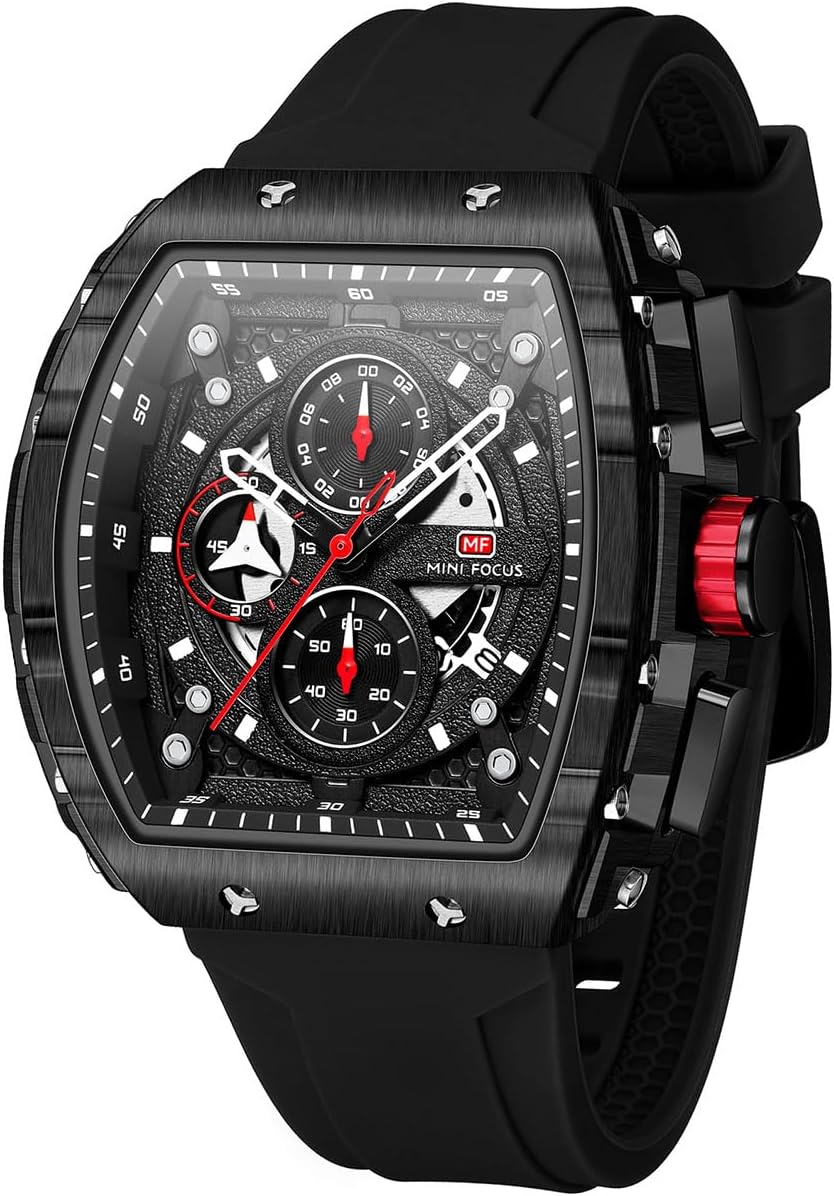 Luxury Skeleton Watch Men Waterproof Adjustable Silicone Strap Steampunk Style Chronograph Calendar Date Luminous Business Large Square Dial