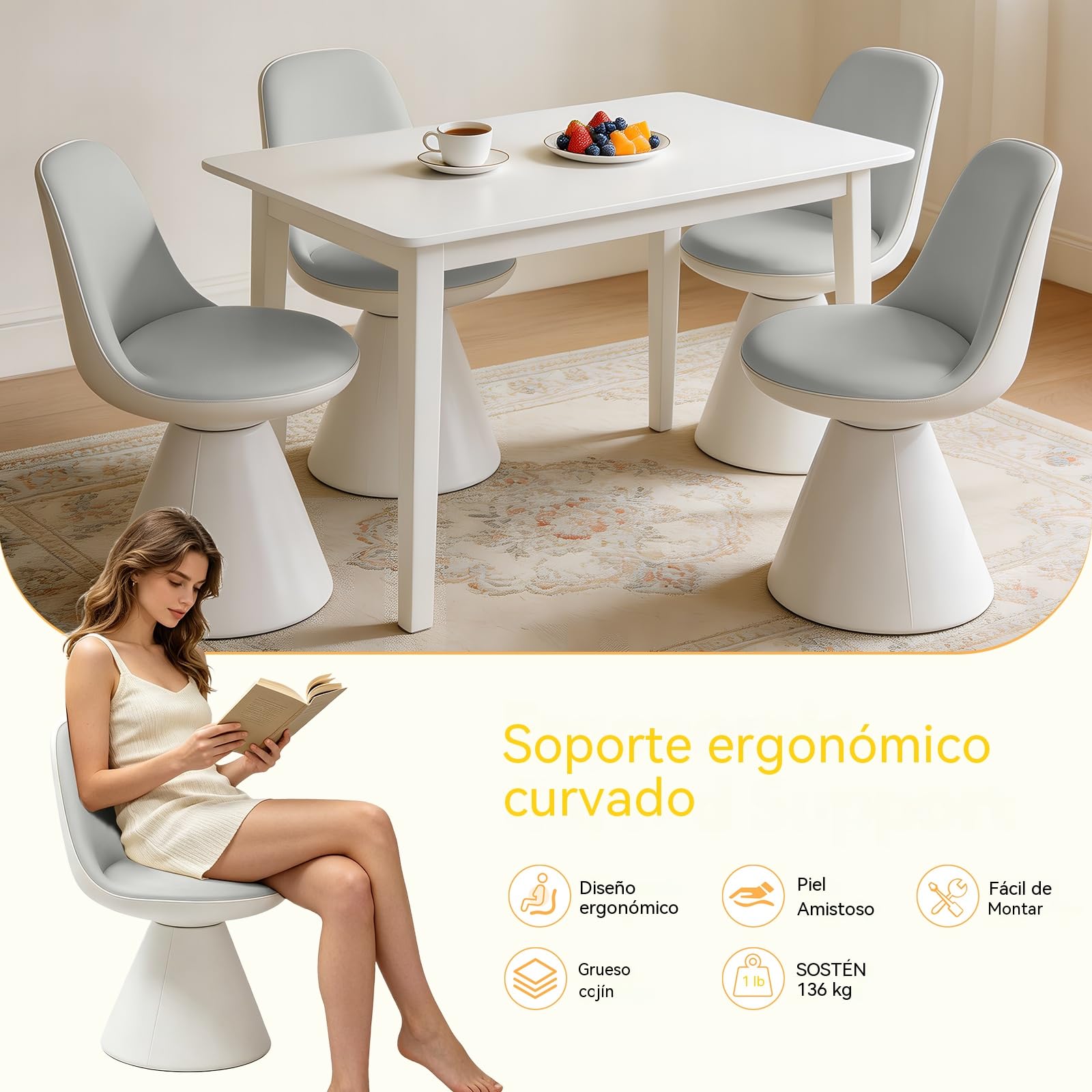 Sgabello Trucco Girevole 360° – Sedia con Rivestimento in Pelle Morbida e Telaio in Legno Massello, Imbottito per Toeletta, Soggiorno, Camera da Letto