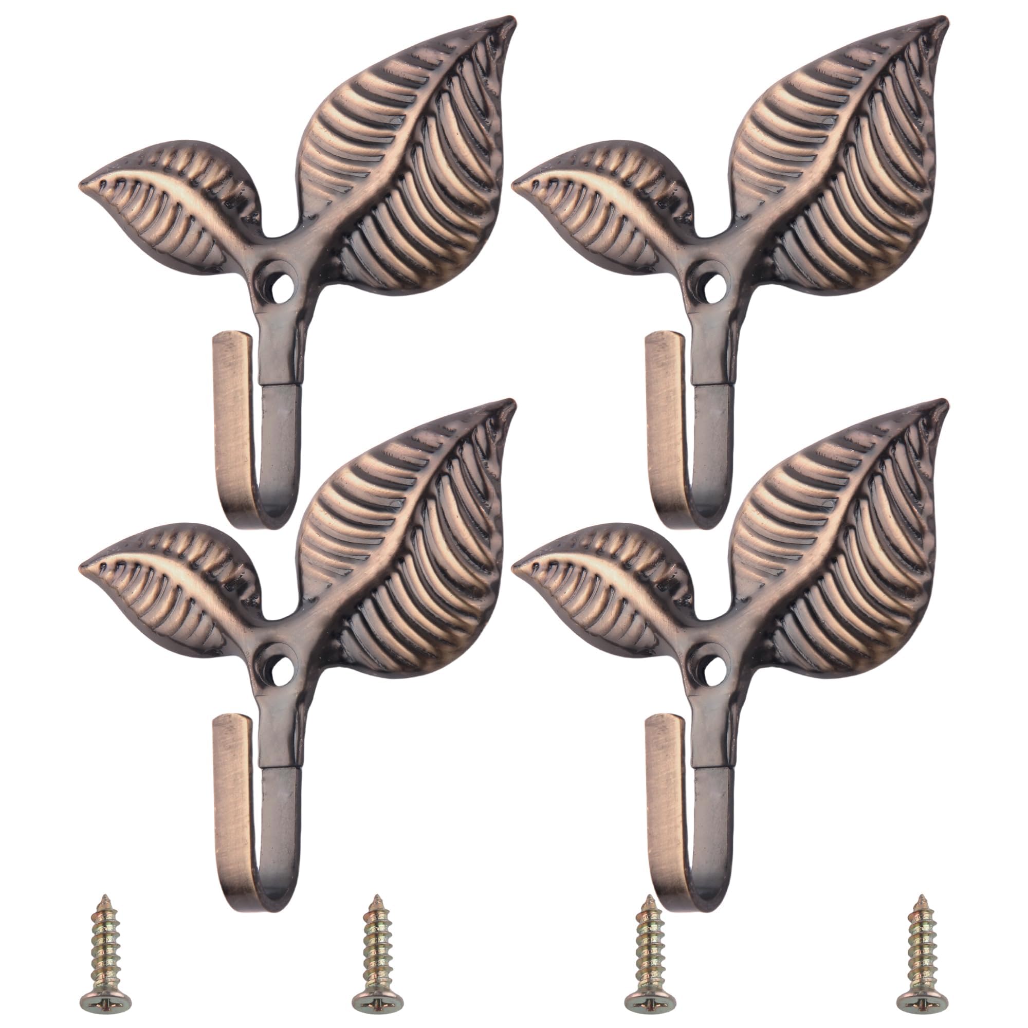 RiseDirectly Set of 4 Antique Bronze Leaf Wall Hooks, Heavy Duty Iron Coat Hooks for Hanging Towels, Coats & Accessories, Vintage Style Wall Mounted Hangers for Kitchen, Bathroom & Hallway (Vintage)