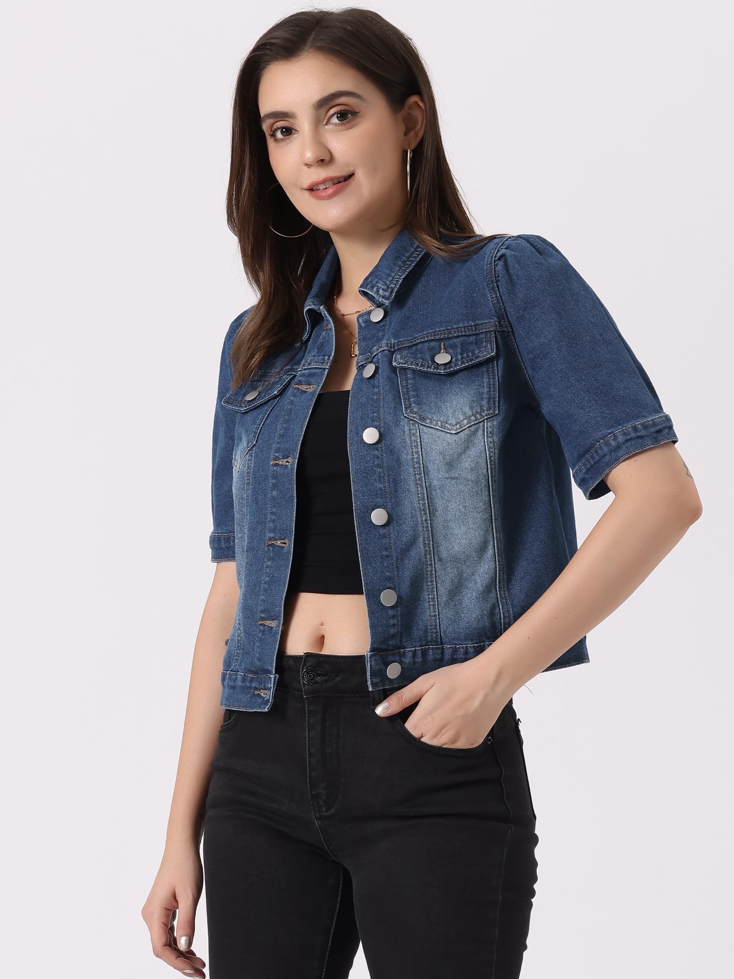 Allegra K Giacca Casual Donna Maniche Corte Sbuffo Blazer Jeans Abbottonata