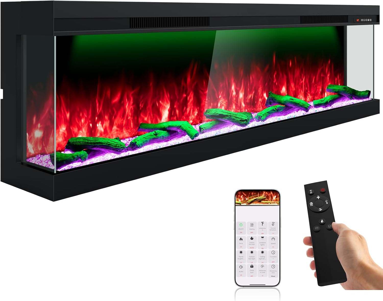 3 Sided 70 Inch Electric Fireplace with APP & Remote Control, Smart Built-in Fire Places Inserts 1500W Heater, Multi-Colors Flames Combinations, Cracking Sound, 9H Timer, Log & Crystal