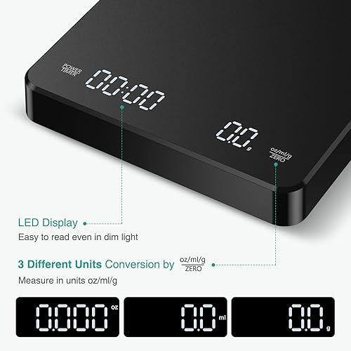 Vista 3 de ORIA Báscula de café digital con temporizador, báscula de café recargable de 6.6 lbs0.00 oz, báscula de café con retroiluminación LED, tare, báscula
