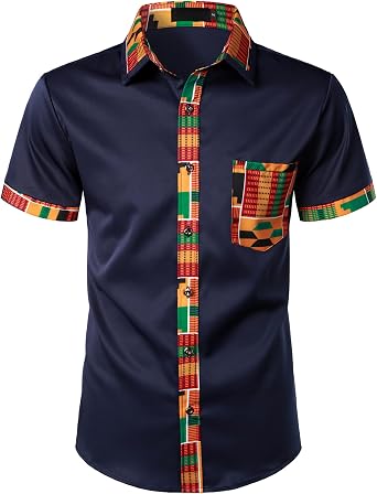 ZEROYAA Mens African Printed Patchwork Design Short Sleeve Button up Shirt