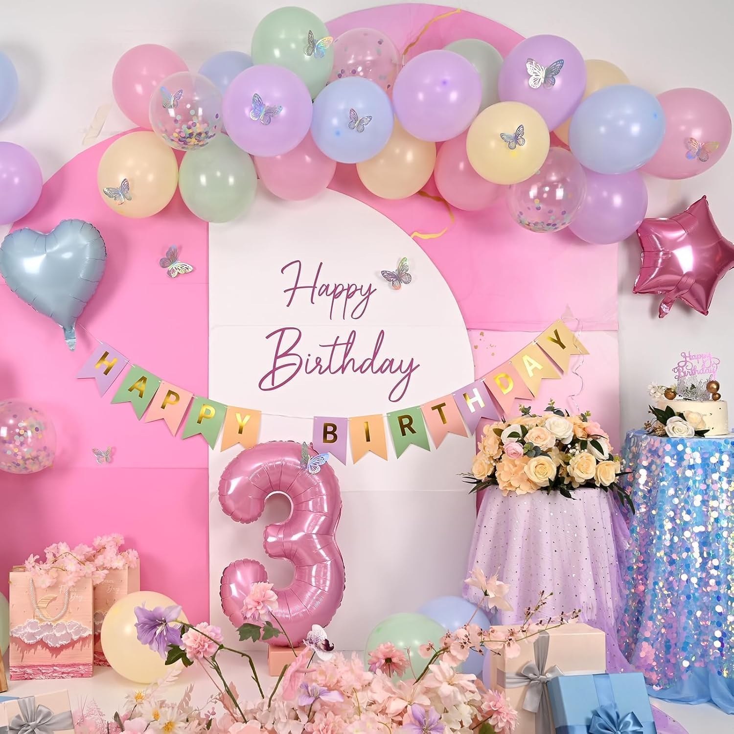 3rd Birthday Decoration for Girls,Easter Pastel Rainbow Macaron 3rd Birthday Balloon Number 3 Balloon Butterfly Stickers Star Heart Foil Balloons Banner Party Decoration for 3 Year Old - Image 7