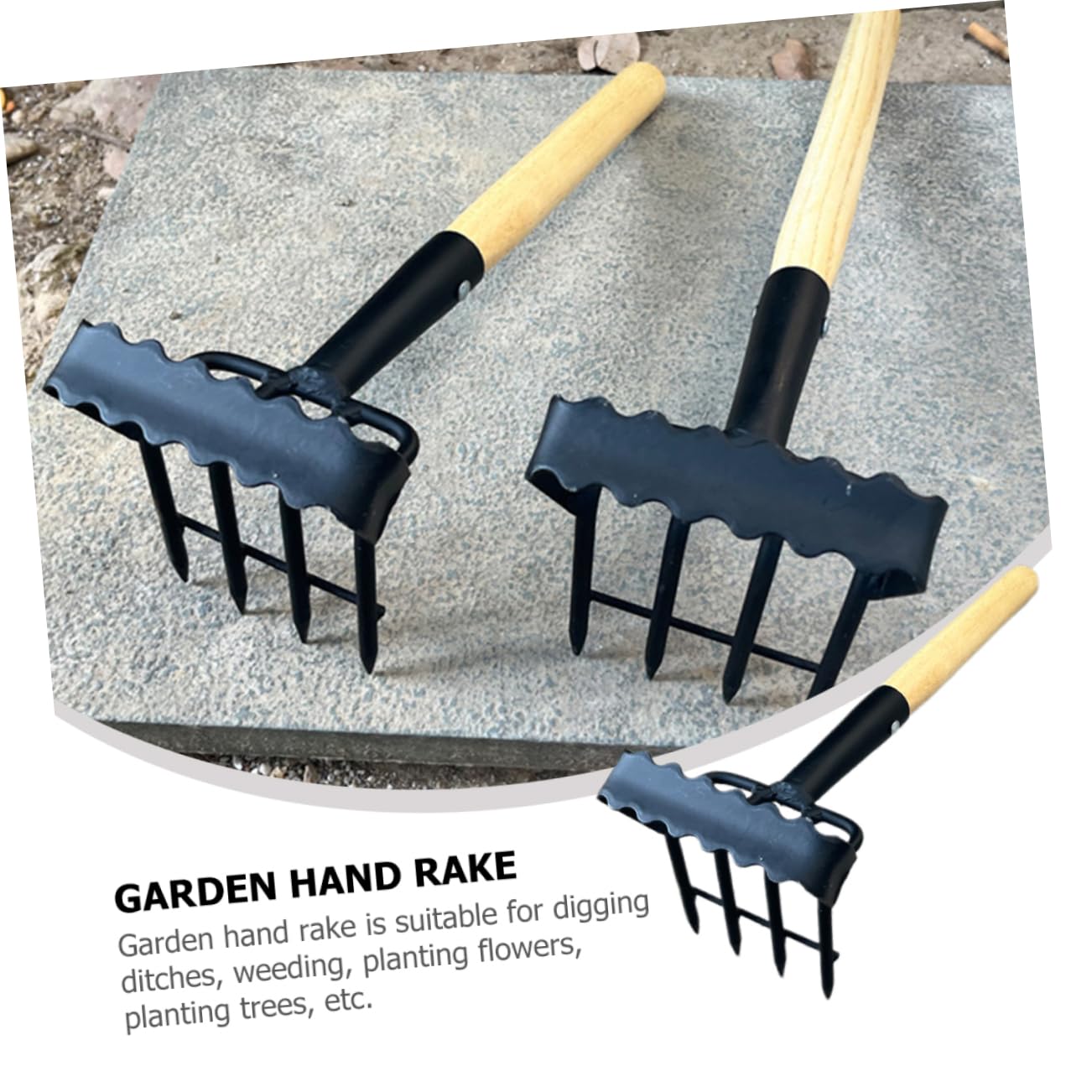 GANAZONO Rastrello da Giardino Mano per Smuovere Terreno Piccolo Rastrello in Portatile per Giardinaggio Manico in Legno