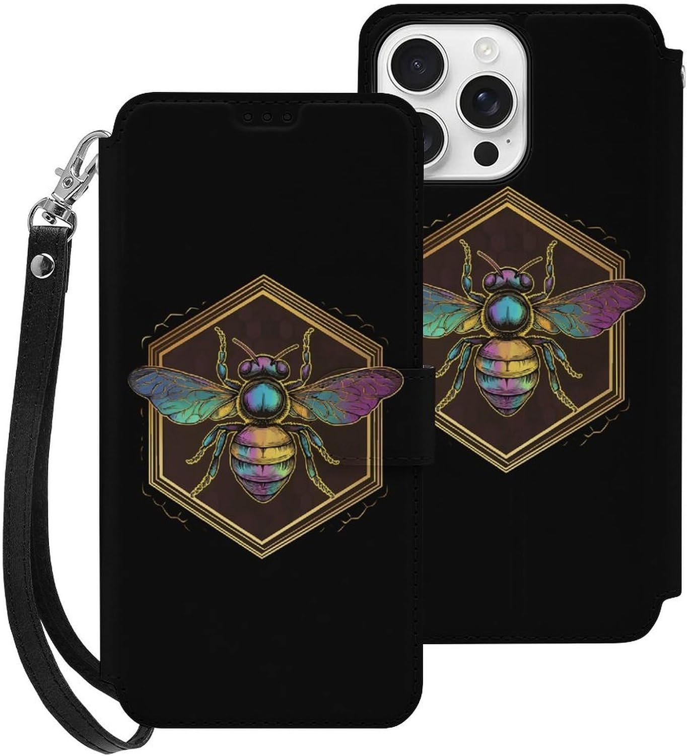 Honeybee Bee King Compatible with iPhone 16/16 Plus/16 Pro/16 Pro Max/16 E Case Phone Wallet Card Holder Flip Cover with Wrist Strap