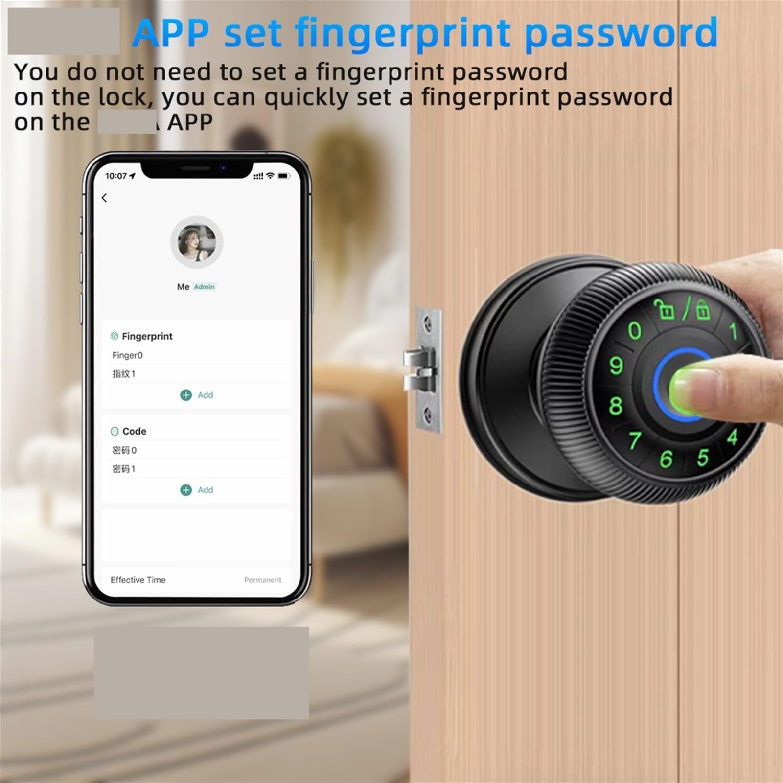 Maniglia della porta intelligente, Manopola rotonda for serratura elettronica con impronta digitale intelligente con password/chiave di sblocco APP(Noir)