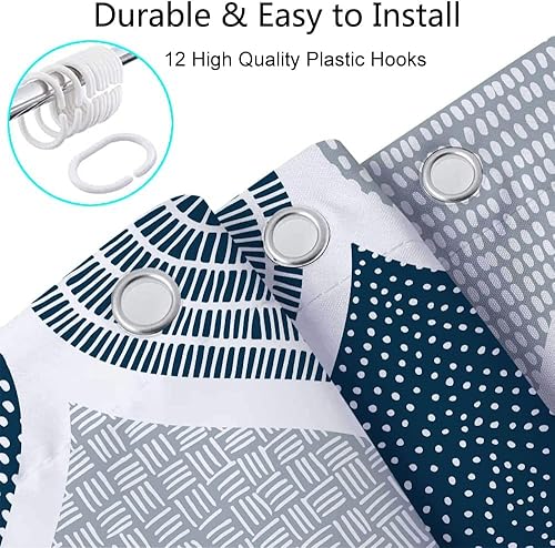 Miniatura 7 de Cortina de ducha azul y gris para baño, azul claro, blanco, gris oscuro, azul marino, bohemio, elegante, patrón geométrico, juego de cortinas de