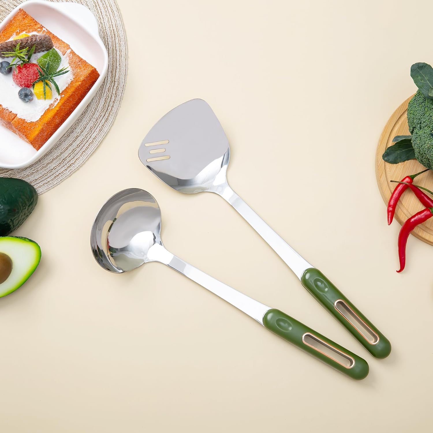 FJNATINH Spatula and Ladle Set - 2 Wok Tools - Universal Ladle and Spatula - Stainless Steel Cooking Utensils and Accessories, 13"-14", Green Handle - Image 3