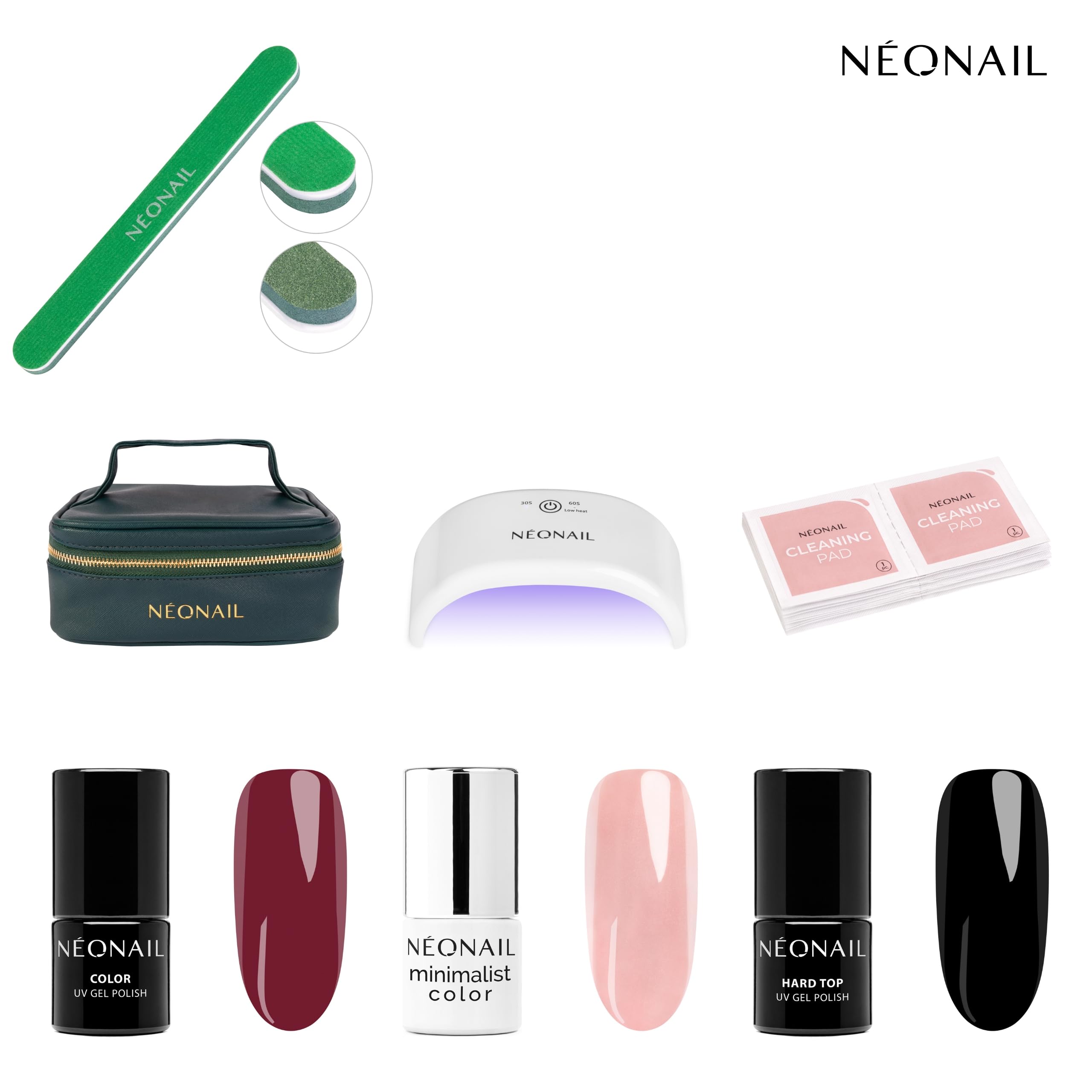 NÉONAIL Zestaw Startowy do Manicure Hybrydowego ALL YOU NEED TO GLOW Starter Set - lampa LED USB 12 W - elegancka kosmetyczka - baza, lakier, top, akcesoria