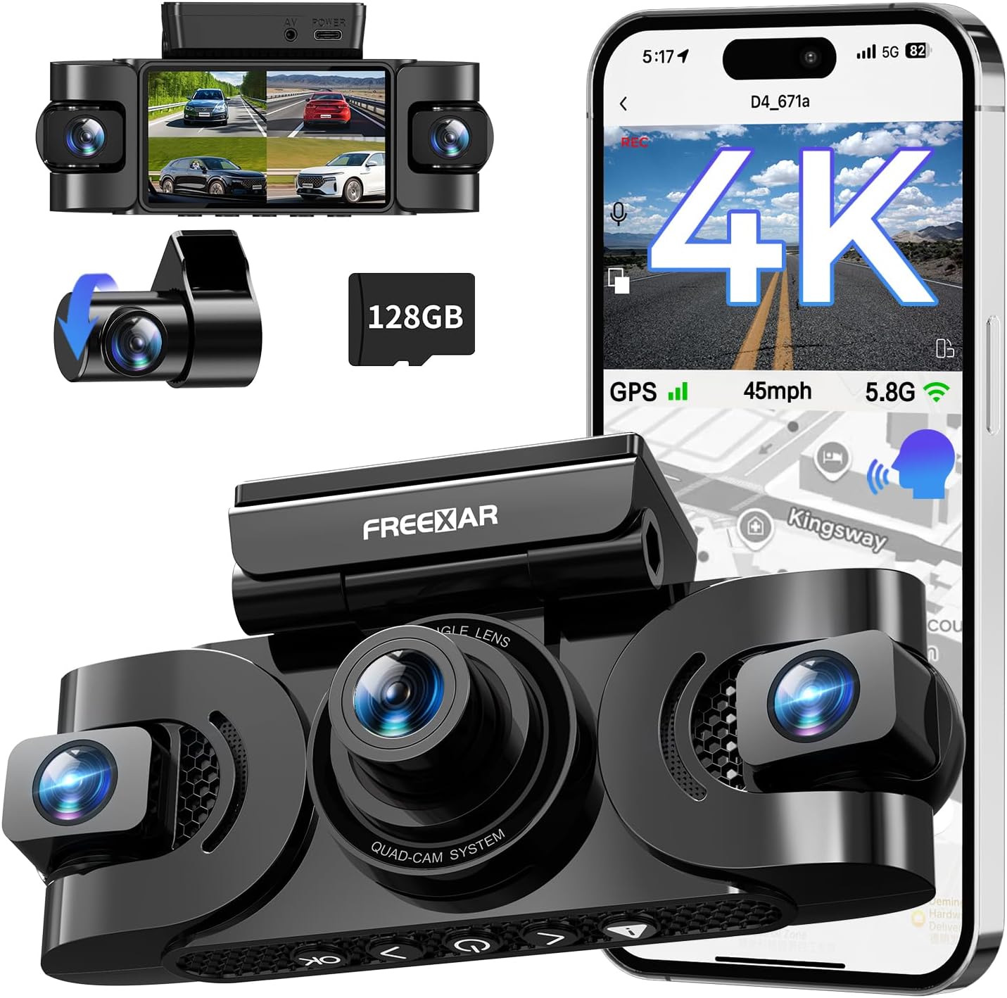 4K 360° Dash Cam, 4-Channel Dash Camera for Cars, Full Coverage Front Rear Left Right Inside with GPS, 5.8GHz Wi-Fi & App, Night Vision, Voice Control, 24H Parking Mode, 128GB Card Included
