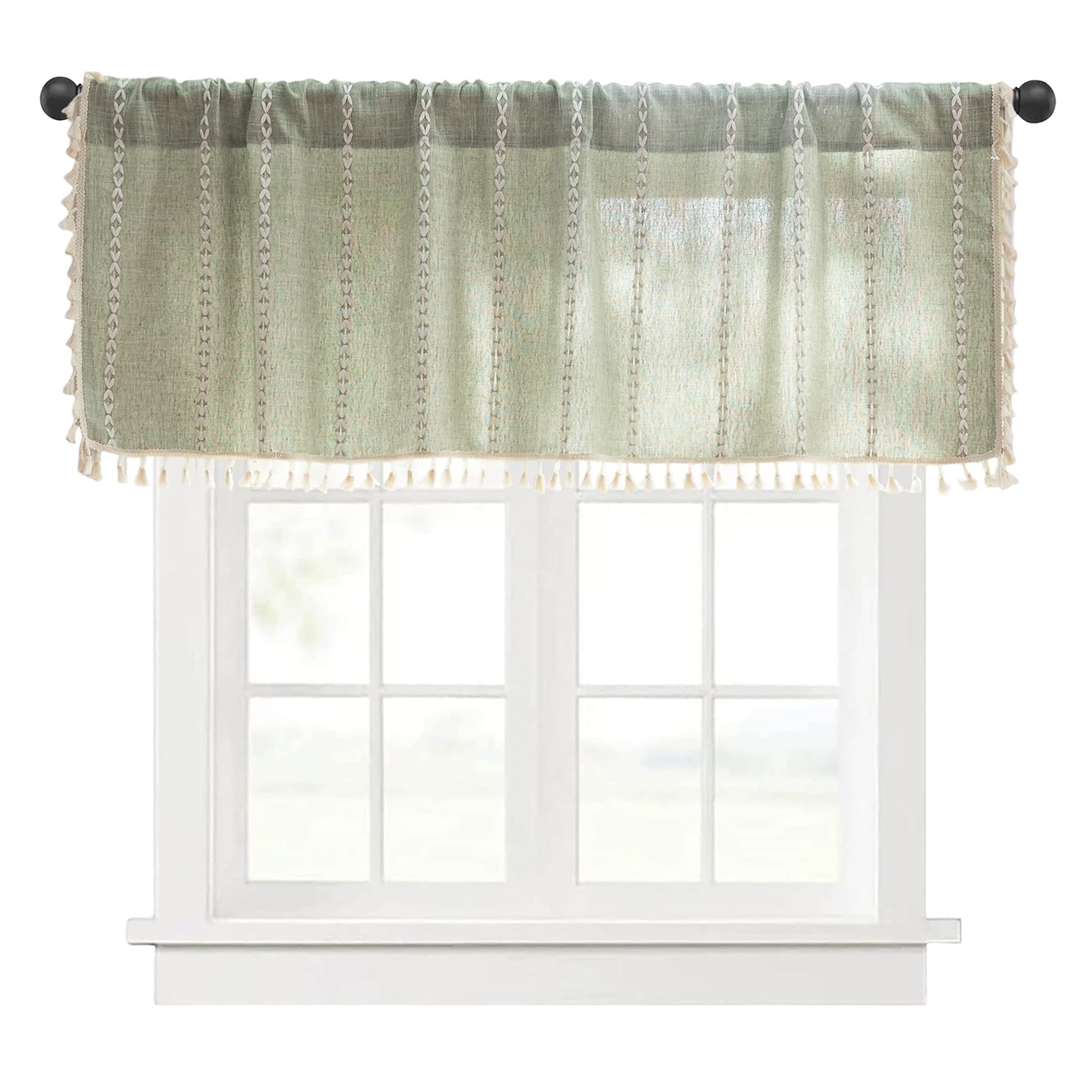 HonorHut Woven Embroidery Boho Curtain Short Panel Curtain with Tassel Living Room Bedroom Bathroom, Green 132 cm×45 cm — image 1