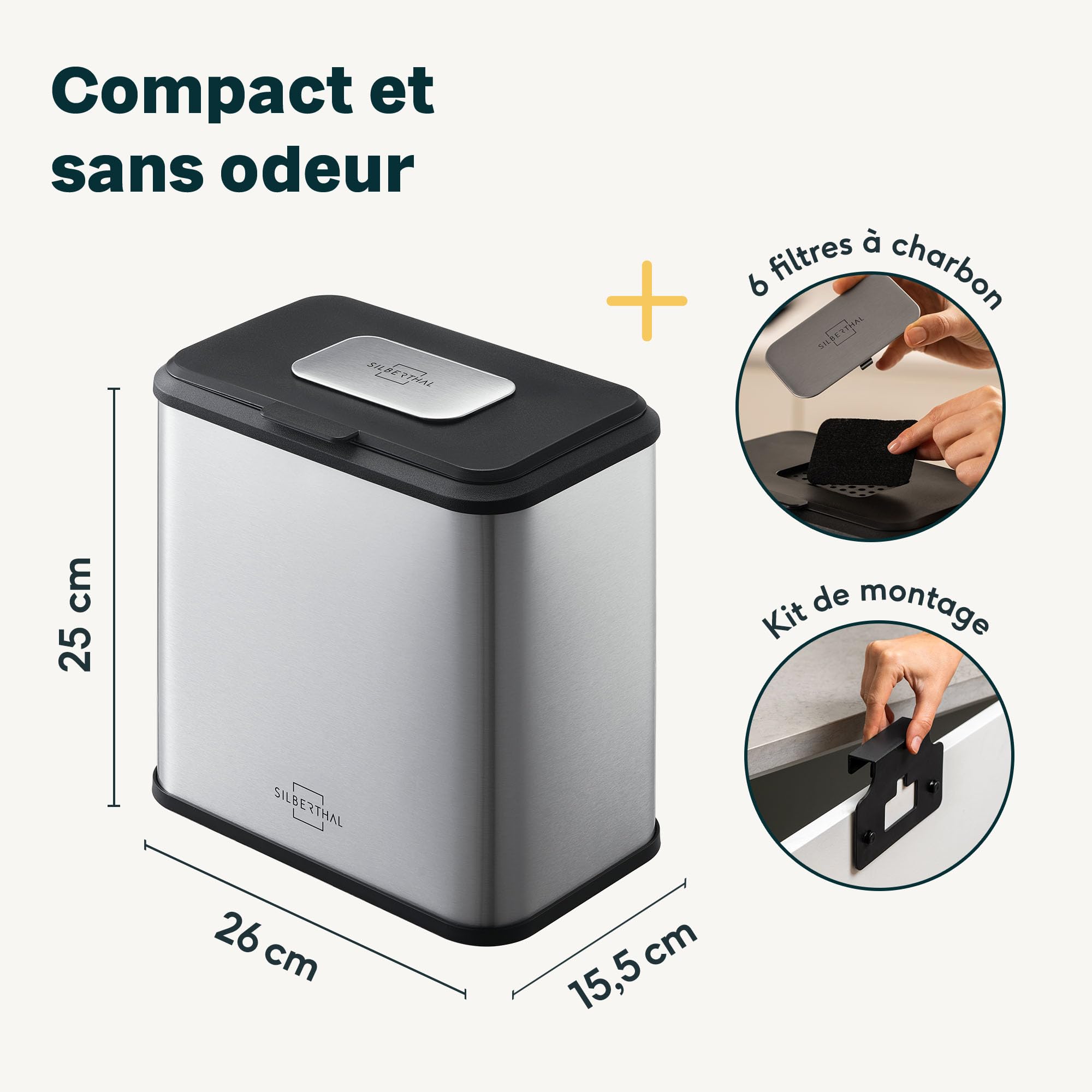 SILBERTHAL Petite Poubelle de Table INOX 4L - Bac à Compost | 4 filtres inclus, avec couvercle, sans odeur ni insectes
