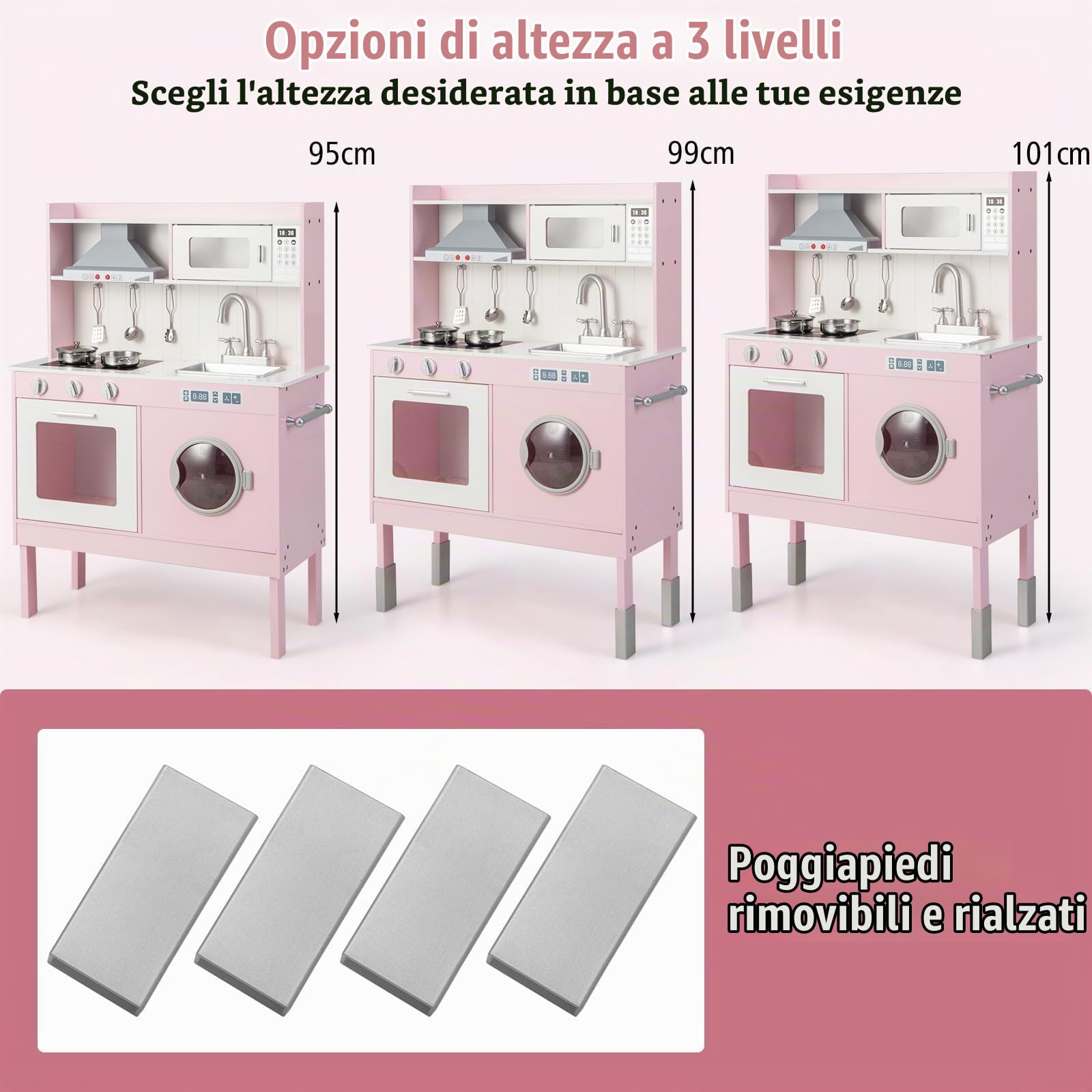 FANTASK Cucina per bambini con accessori da gioco, cucina in legno con cappa aspirante e lavatrice e suoni e luci reali, set da gioco per bambini dai 3 anni in su, rosa (71 x 29 x 101 cm)