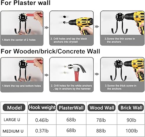 Miniatura 2 de Ganchos de garaje, paquete de 6, ganchos de almacenamiento de pared de acero resistente con revestimiento antideslizante, soporte de montaje en