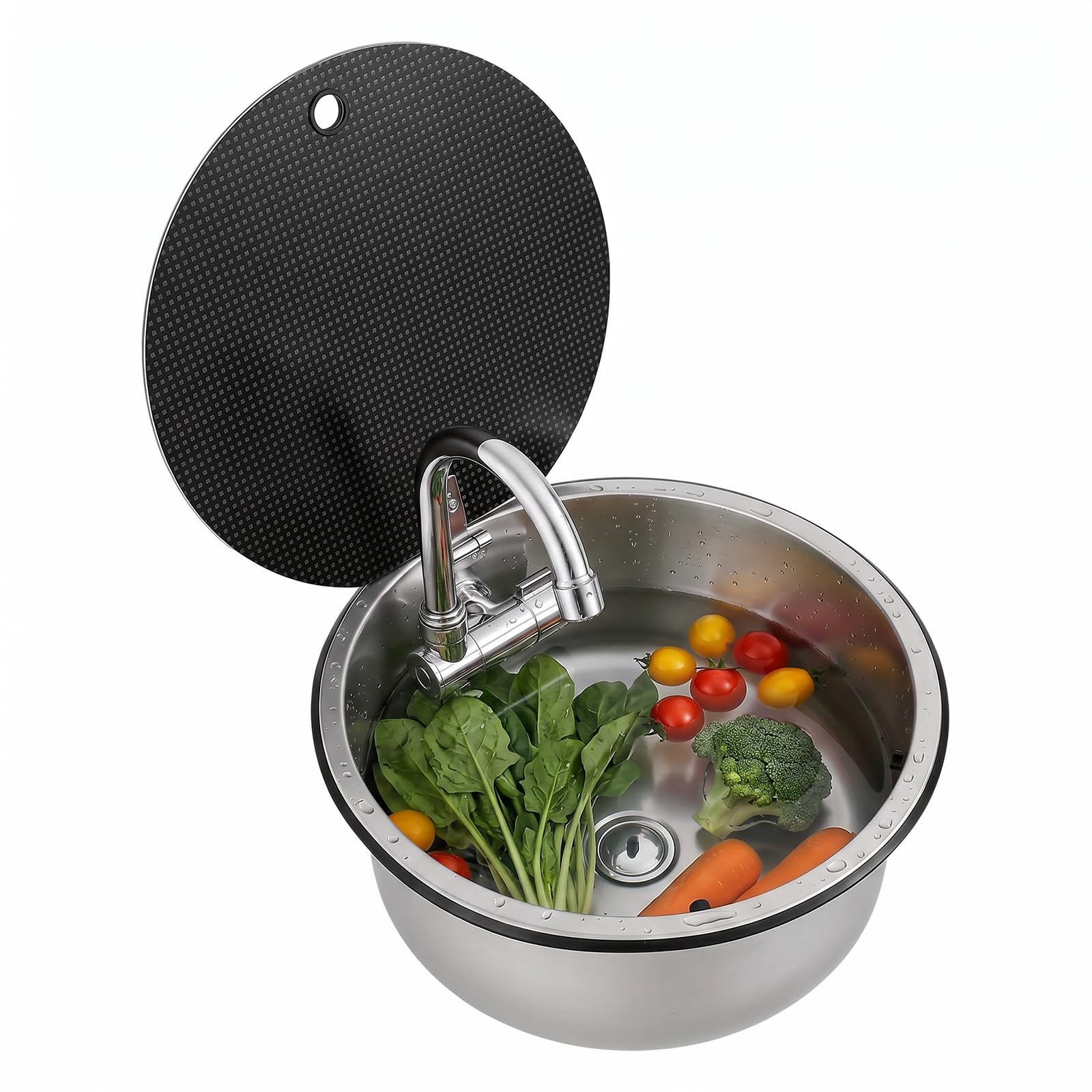 Wohnmobil Spüle Edelstahl 34 cm, Rundes Spülbecken mit Wasserhahn, Camping Spüle mit Abdeckung aus gehärtetem Glas, 304 Edelstahl Set für Camper, Wohnwagen, Boot, Yacht, Bar und kleine Küche