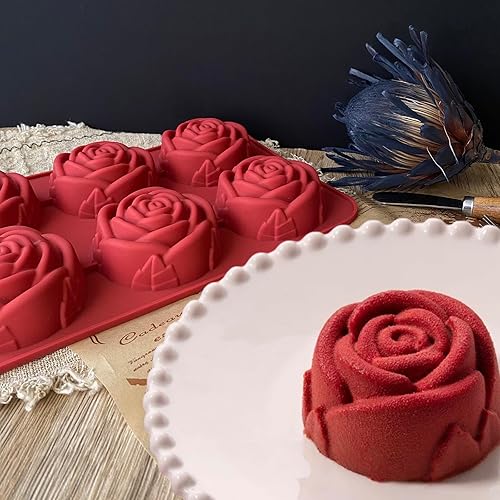 Miniatura 7 de Paquete de 2 moldes de rosas de silicona con 6 cavidades para hornear, moldes de silicona para cubitos de hielo de rosas, moldes de silicona para