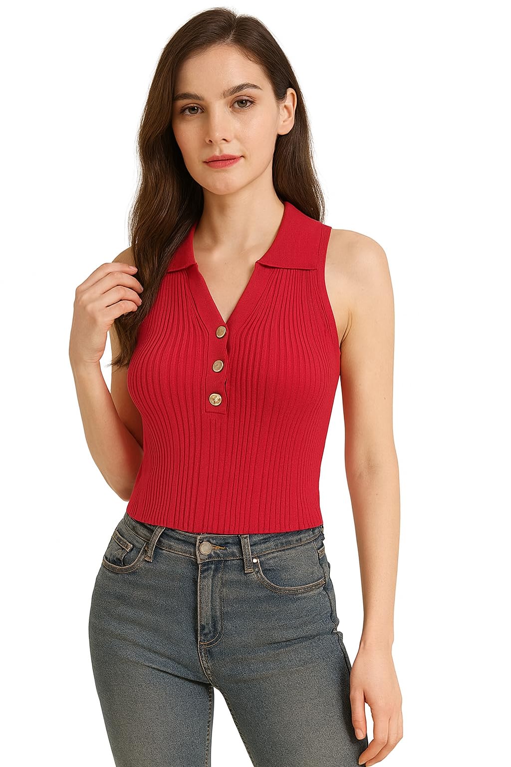 women's knitted ribbed golden button sleeveless polo collar crop vest sling cami tank top dn23