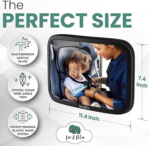 Vista 6 de Leo and Ella - Espejo de coche para bebé con reposacabezas fijo Tesla, espejo de coche extra grande para bebé, montaje de seguridad inastillable