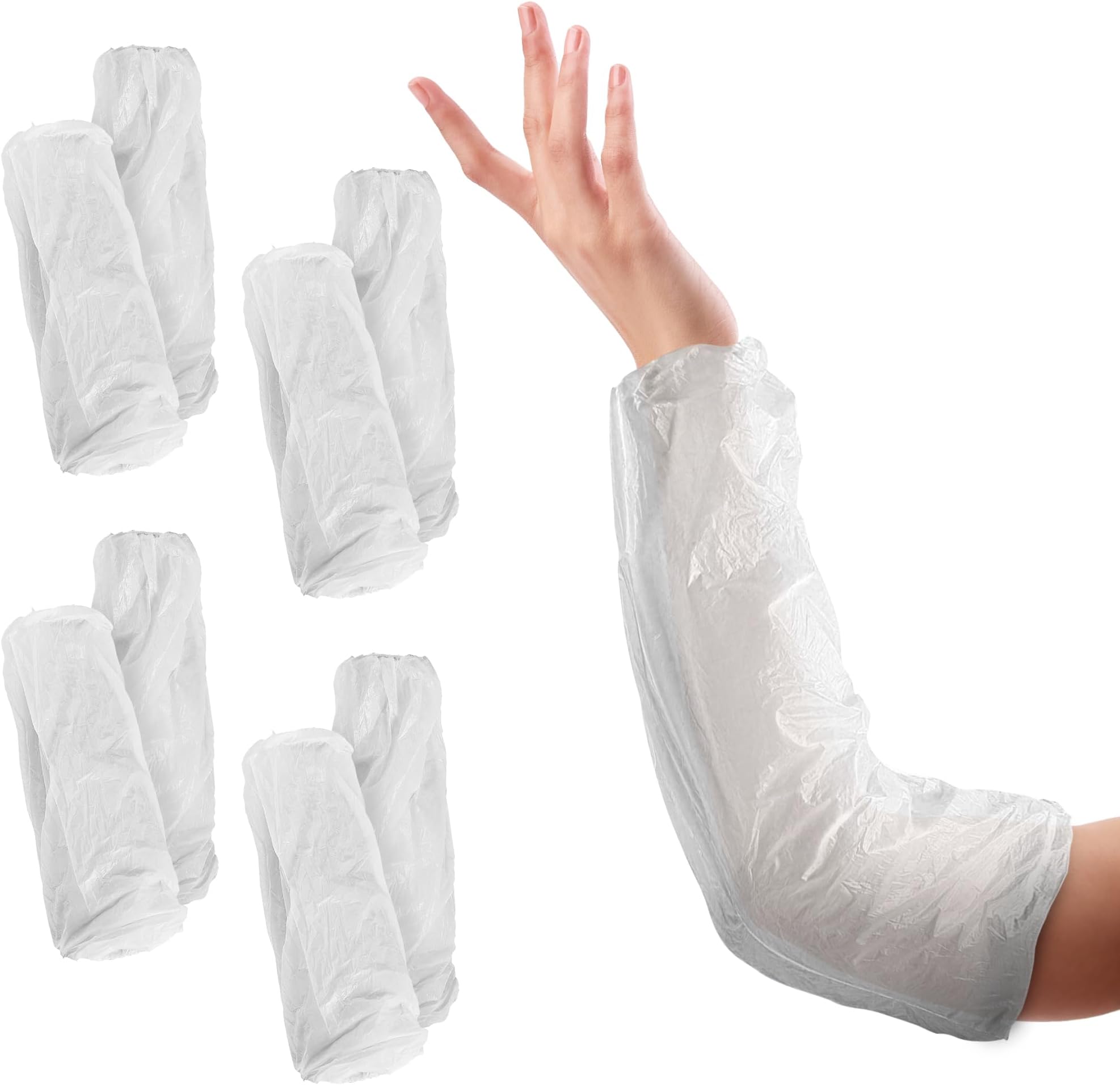 ABC PACK & SUPPLY Disposable Arm Sleeves, White 18 Inch, 2 Mil Polyethylene, Elastic Ends, Pack of 100, Disposable Sleeve Covers for Cooking Cleaning Gardening Painting