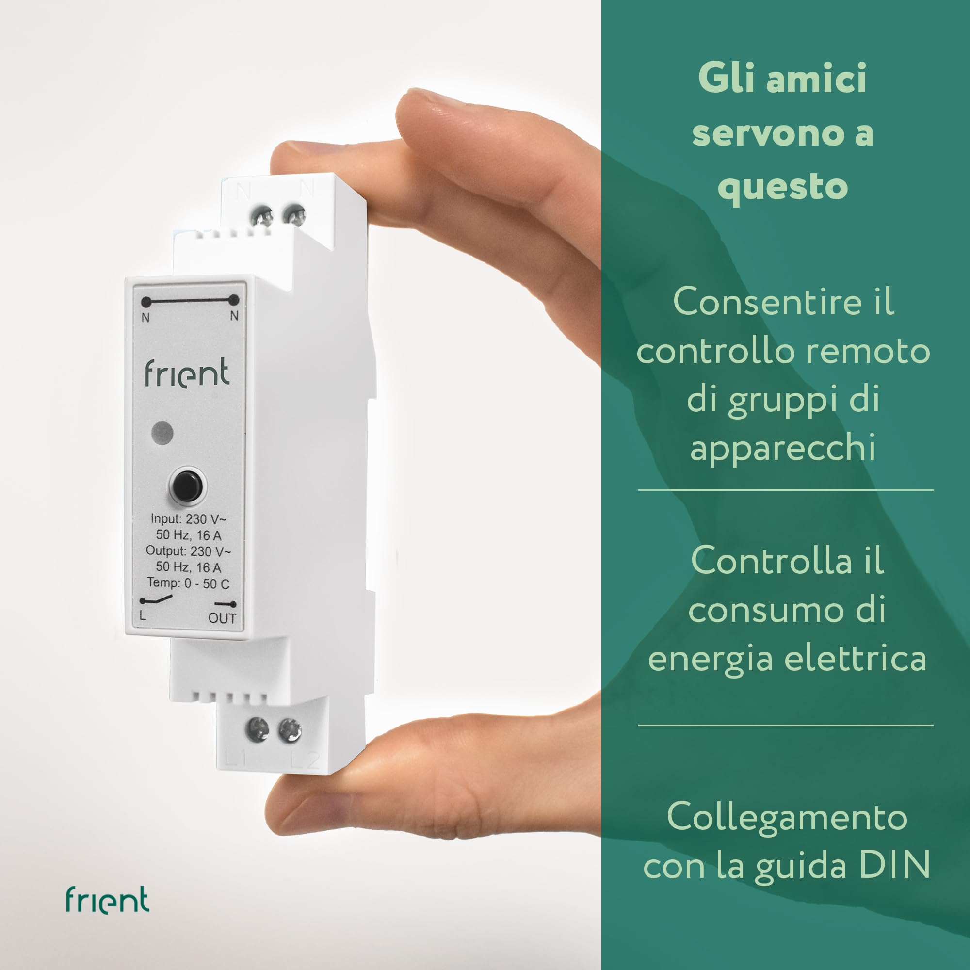 frient Relè Smart DIN - Interruttore di accensione/spegnimento da remoto | Funzionalità di misurazione della potenza integrata - Carica continua a 16A - Zigbee - Funziona con Homey e SmartThings