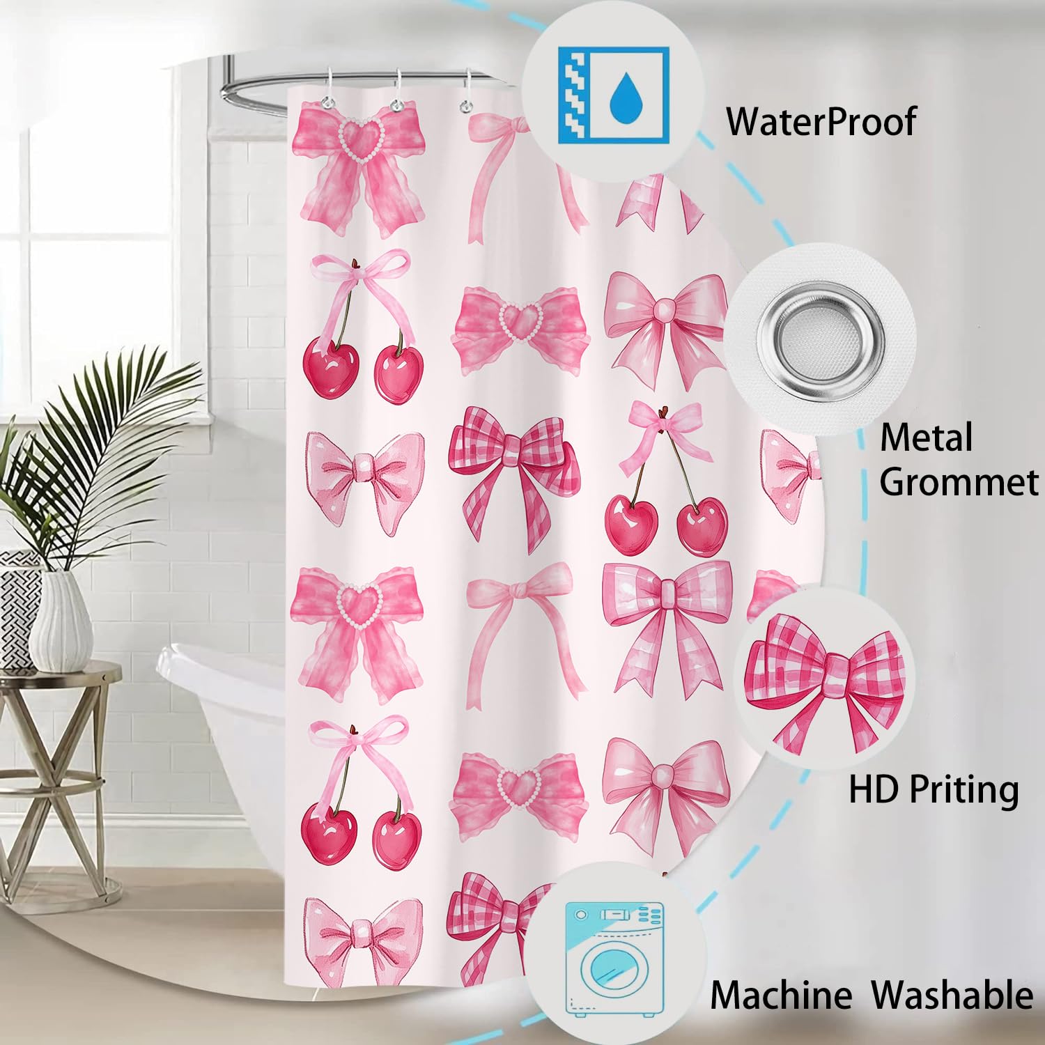 TKNOUS 4 Pcs Pink Bow Shower Curtain Set With Non-Slip Rugs, Toilet Lid Cover And Bath Mat, Coquette Bow Romantic Aesthetic Bathroom Curtain With 12 Hooks Gifts For Women