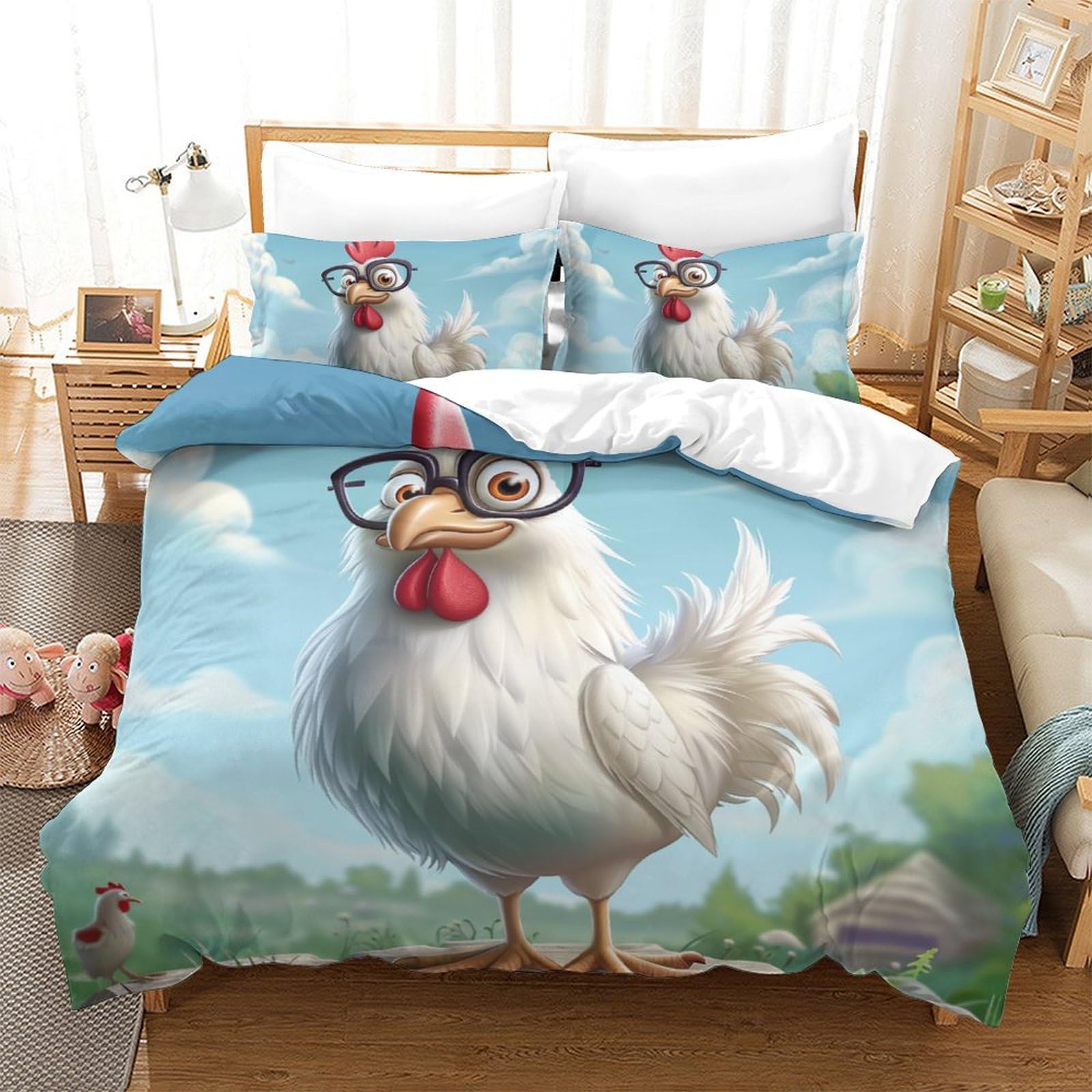 Housse de couette 220x240 imprimé 3D coq avec taies d'oreiller en microfibre respirante