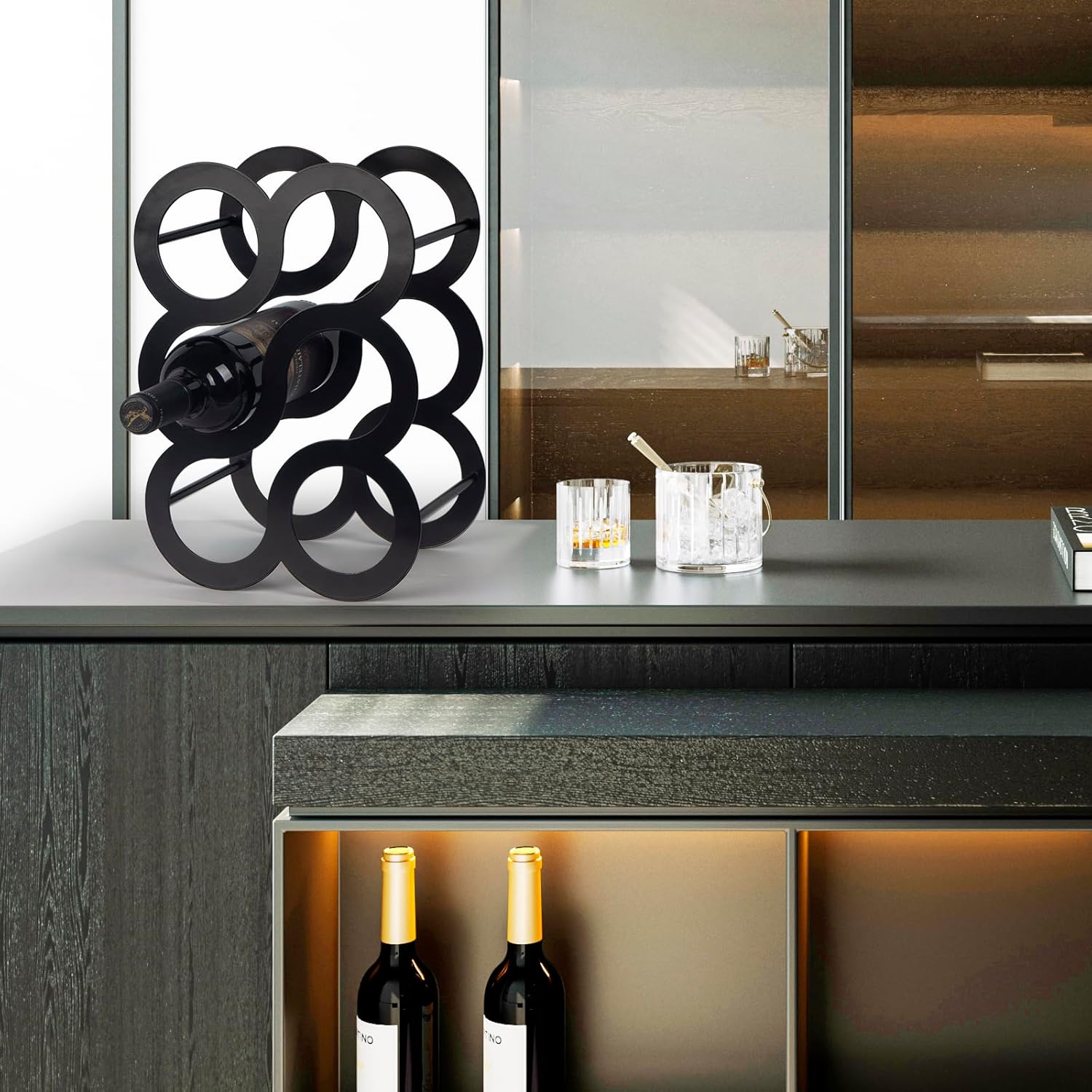 Wine Rack Countertop, Freestanding Creativity Modern Small Wine Holder, Tabletop Wine Stand for Kitchen Wine Bar Inside Cabinet, Pantry Decor-6 Bottle (Diameter < 3 inches)
