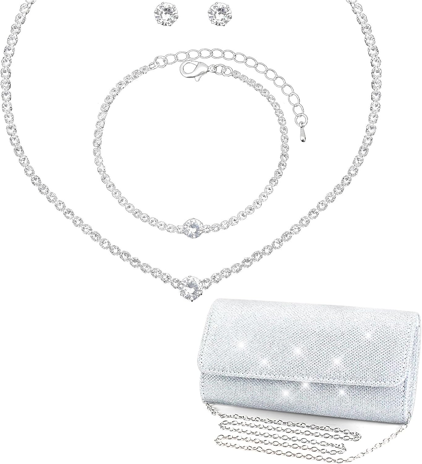 Silver Jewelry Set for Women Crystal Choker Necklace Earrings Link Bracelet Bridal Wedding Jewelry for Brides Bridemaid Prom Costume Accessories