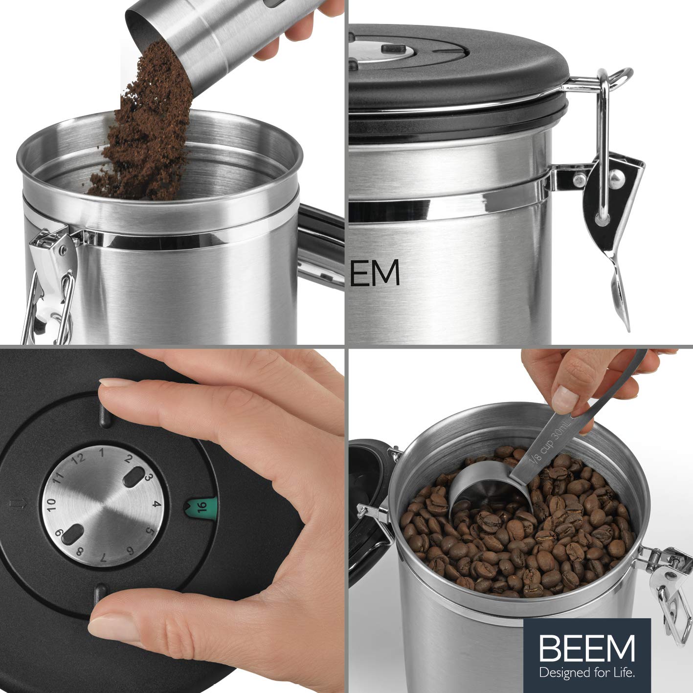 BEEM KAFFEEDOSE puszka na zapasy z łyżeczką dozującą - 1,9 l | hermetyczna ze stali nierdzewnej | wskaźnik daty | 700 g kawy | puszka aromatu | zawór odpowietrzający CO2