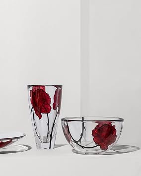 Kosta Boda 10 Tattoo Vase, Hand-Painted Glass - Rose Tattoo Inspired, Home & Office Decor - Table Centerpiece, Versatile Container for Florals, Red/Clear