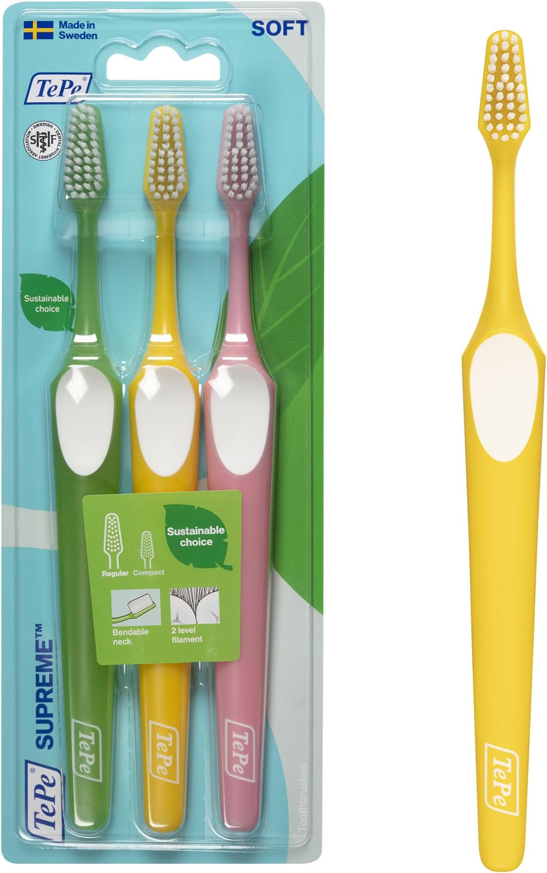 TePe Supreme Toothbrush, Soft, Assorted Colours, 3pcs, Plaque Remover, efficient Cleaning with Two-Level filaments, Soft Bristle Toothbrush