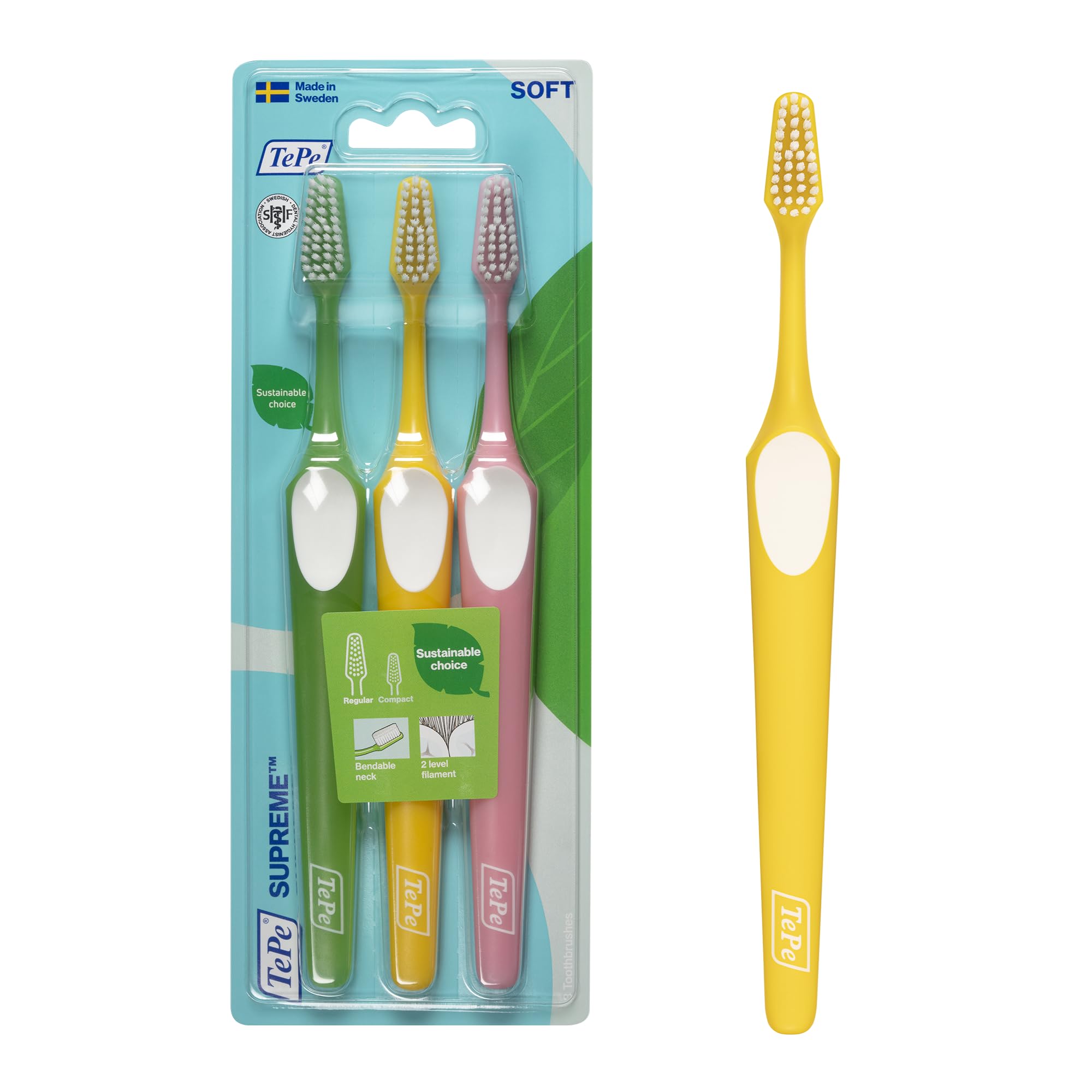 TePe Supreme Toothbrush, Soft, Assorted Colours, 3pcs, Plaque Remover, efficient Cleaning with Two-Level filaments, Soft Bristle Toothbrush