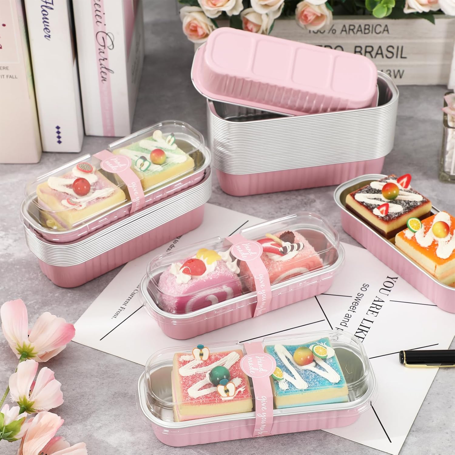 JarThenaAMCS 200Pcs Mini Loaf Pans with Lids Spoons Sealing Stickers 6.8Oz Pink Mini Cake Pan Disposable Foil Baking Pan Small Cake Container for Birthday Baby Shower Wedding