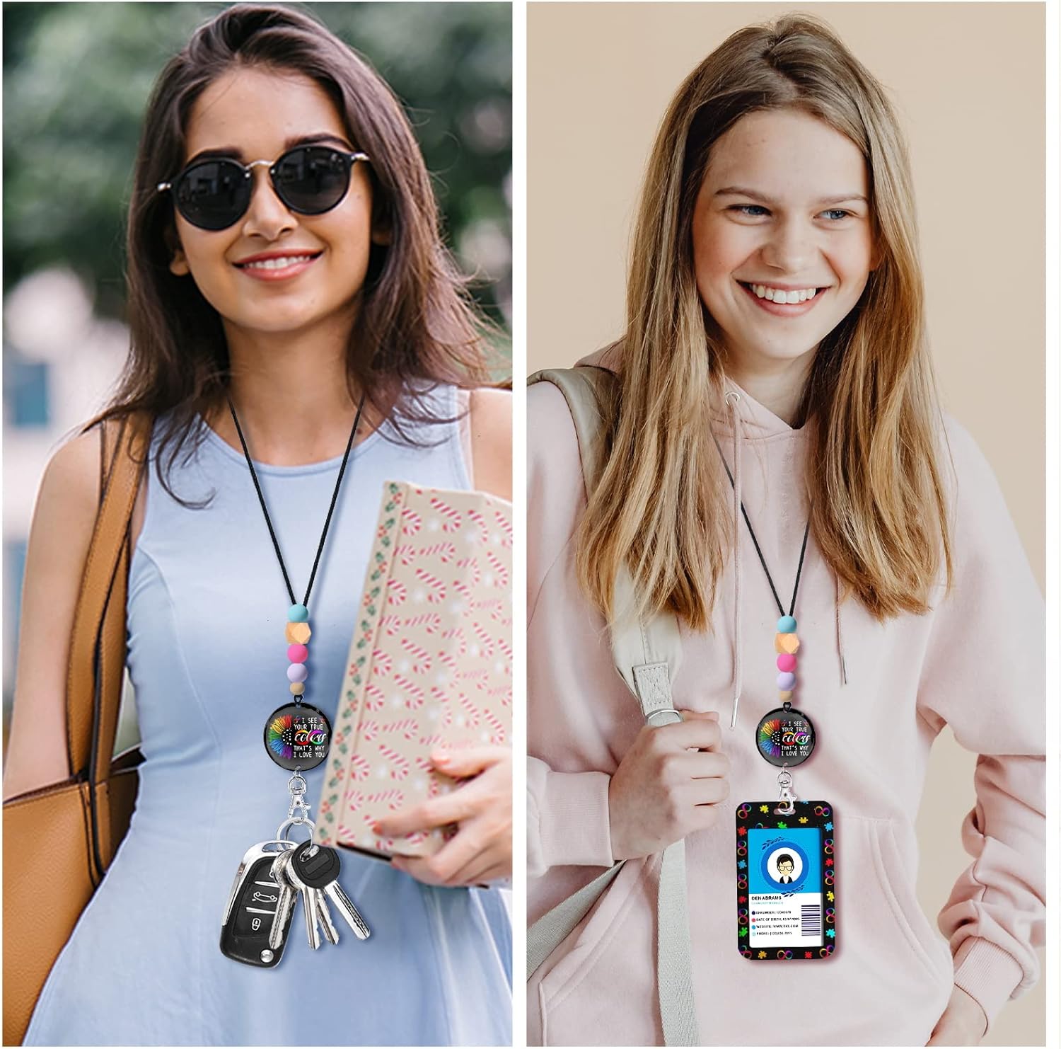 Autism Lanyards for ID Badges and Keys, ID Badge Holder with Silicone Beaded Lanyard Keychain for Women, Teacher, Nurse, Office Name Tag Badge Holder ID Card Holder, Breakaway Badge Lanyard - Image 2